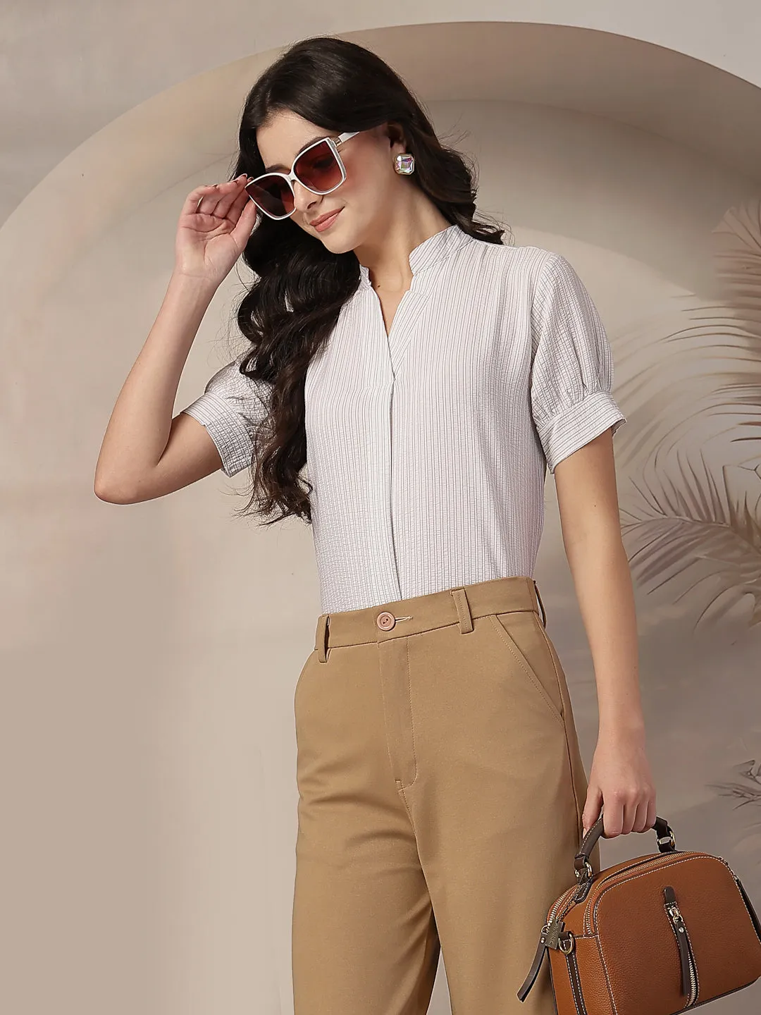Style Quotient Women White and Brown Stripe top