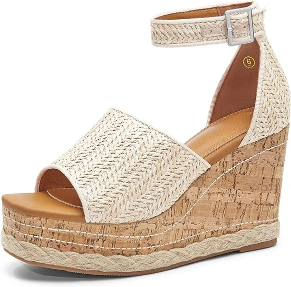 Summer Beige Ankle Strap Cork Sole Wedge Sandals