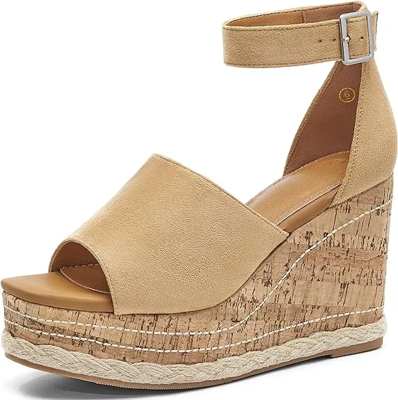 Summer Beige Ankle Strap Cork Sole Wedge Sandals