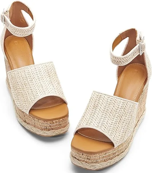 Summer Beige Ankle Strap Cork Sole Wedge Sandals