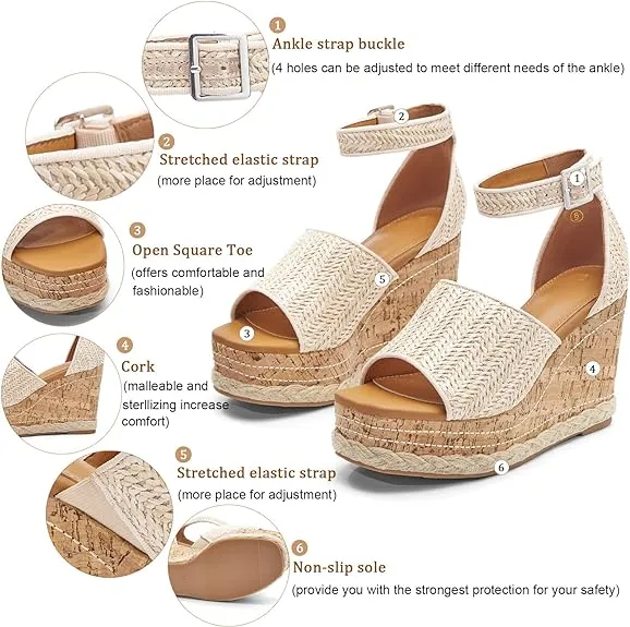 Summer Beige Ankle Strap Cork Sole Wedge Sandals