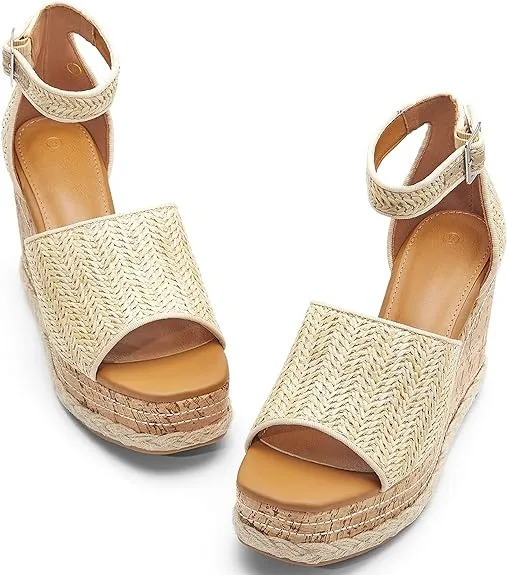 Summer Beige Ankle Strap Cork Sole Wedge Sandals