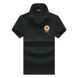 Ver Jeans Couture Designed Monogram Medusa Logo Polo Shirt- Black