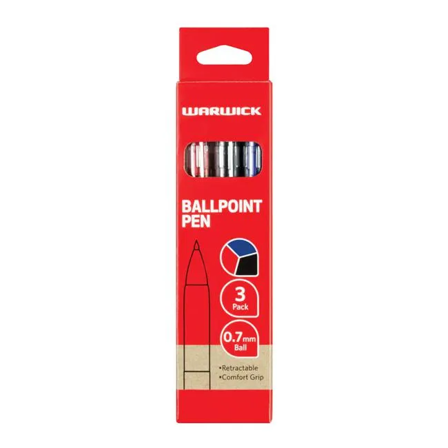 Warwick Pen Ballpoint Assorted Retractable Medium Comfort Grip 3 Pack