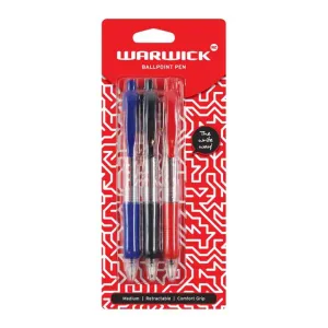 Warwick Pen Ballpoint Assorted Retractable Medium Comfort Grip 3 Pack