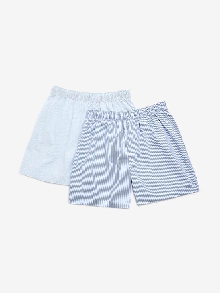 WES Lounge Blue Relaxed-Fit Cotton Boxers- Pack of 2