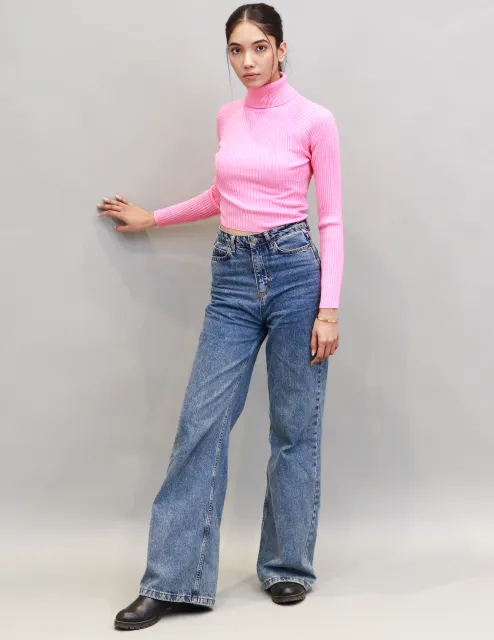 Women Pink Ribbed Pullover