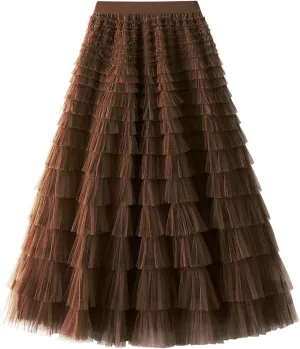 Women's A Line Pleated Skirt Long Tutu Skirt Ruffle Mesh Vintage Calf Length Chiffon High Waist Bubble Sporty