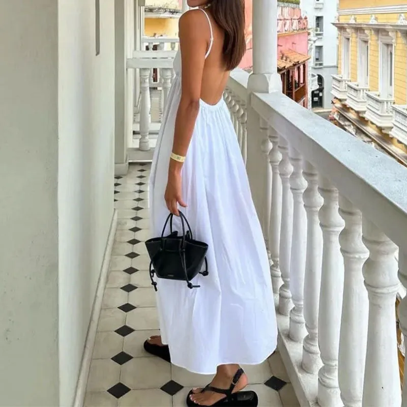 Womens Maxi Dress  V-Neck  Spaghetti Straps  Open Back  Lightweight Relaxed Fit
