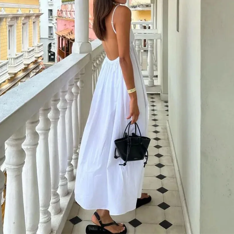 Womens Maxi Dress  V-Neck  Spaghetti Straps  Open Back  Lightweight Relaxed Fit
