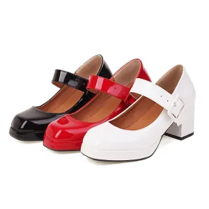 Women's Platform Pumps Glossy Square Toe Mary Janes Buckle Straps Block Chunky Heel