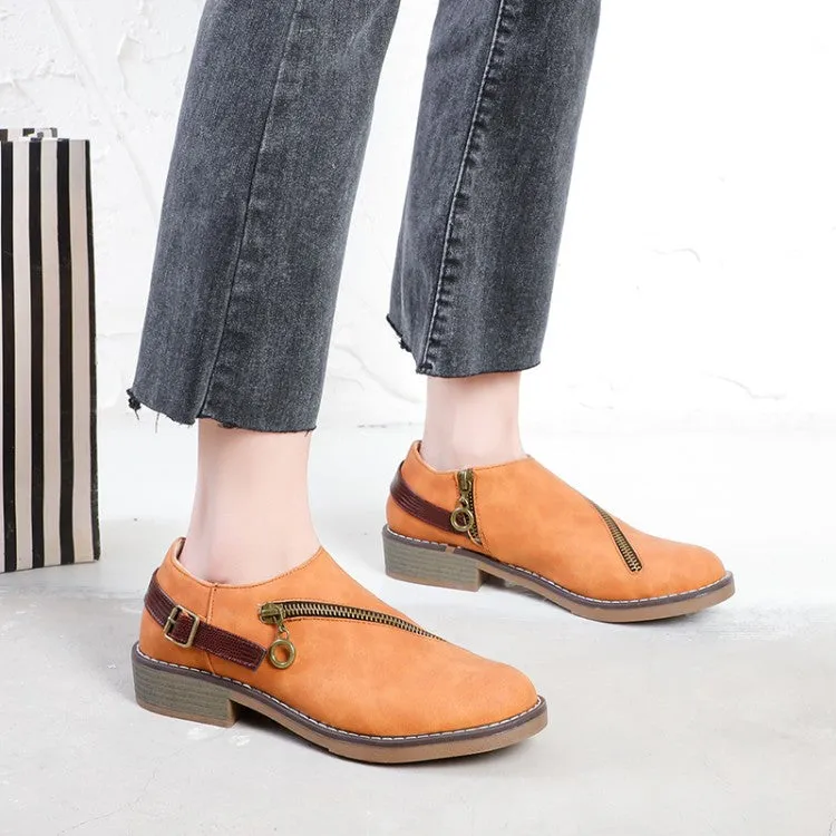 Women's Zip Deco Belt Block Low Heels Shoes