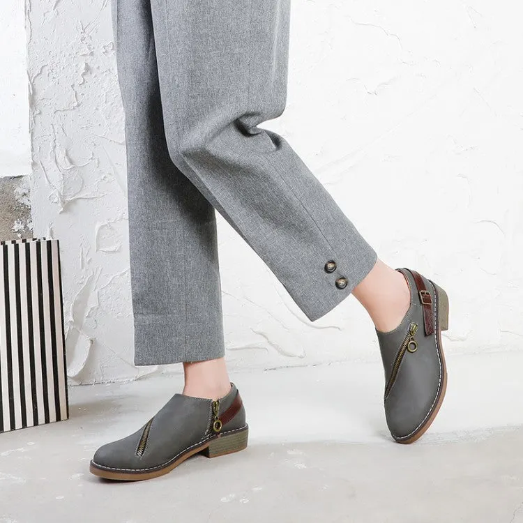 Women's Zip Deco Belt Block Low Heels Shoes