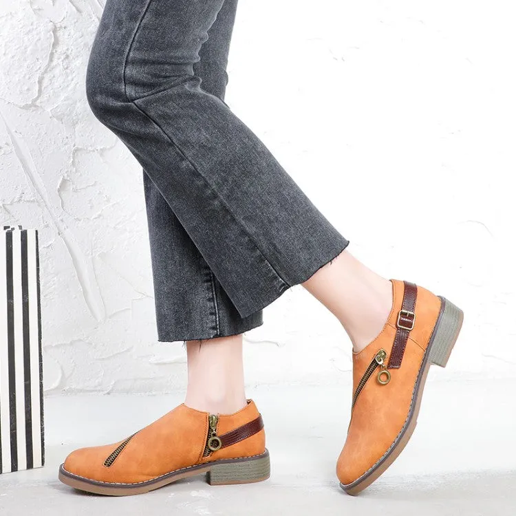 Women's Zip Deco Belt Block Low Heels Shoes