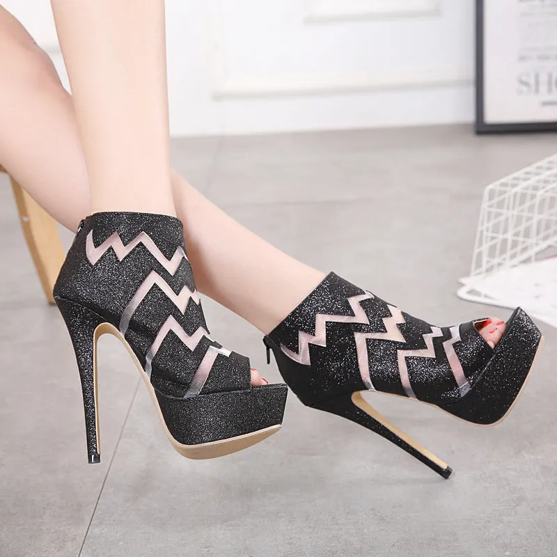 Zipper Patchwork Peep-toe Stiletto High Heels Ankle Boot Sandals